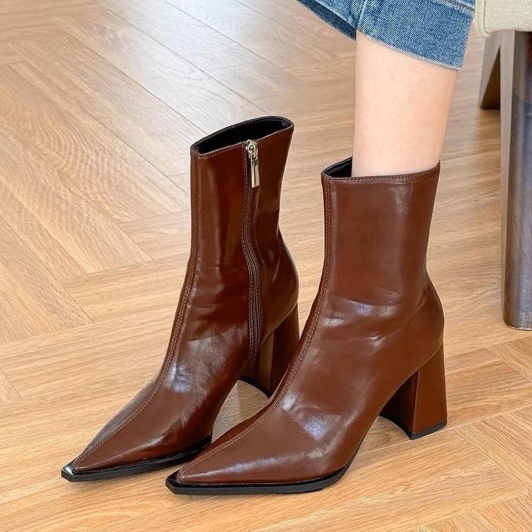 Острый носок женские ботильоны брендовые сексуальные туфли на высоком каблуке кожаные туфли зима 2025 тренд элегантные офисные туфли модные вечерние ботинки женские