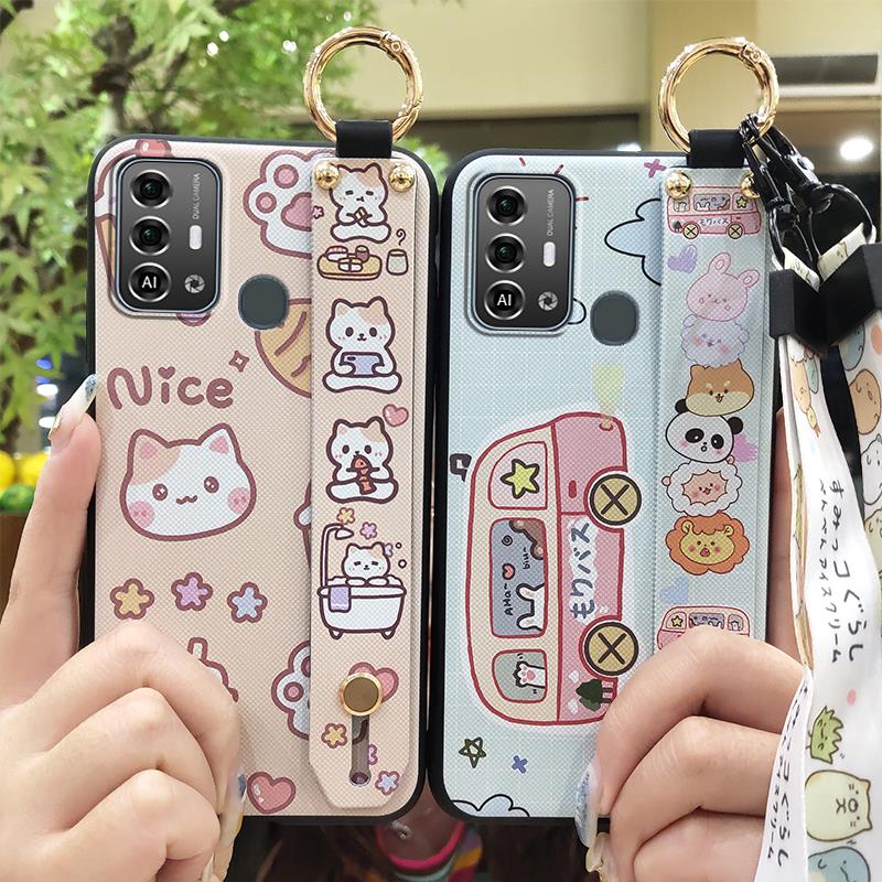 Kickstand Fashion Design Phone Case For ZTE Blade A53 Pro Cartoon Back Cover Shockproof Wrist Strap Anti-dust Wristband