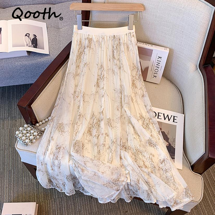 Qooth Spring Summer Chinese Ink Wash Print A Line Skirt Chiffon Printed Vintage Ankle Length Skirt QT2603