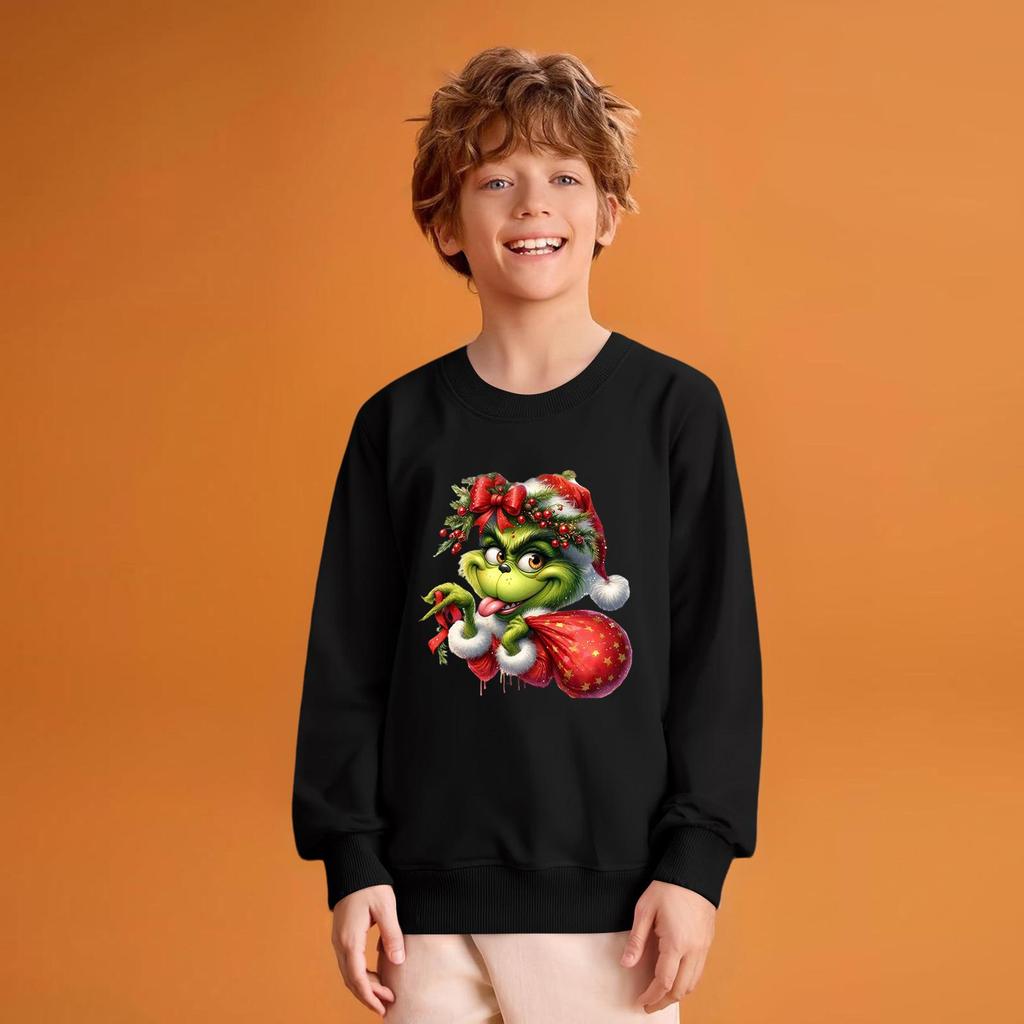 Kids' Fashion Loose-Fit Casual Long-Sleeve Christmas Print Oversized Crewneck Sweatshirt