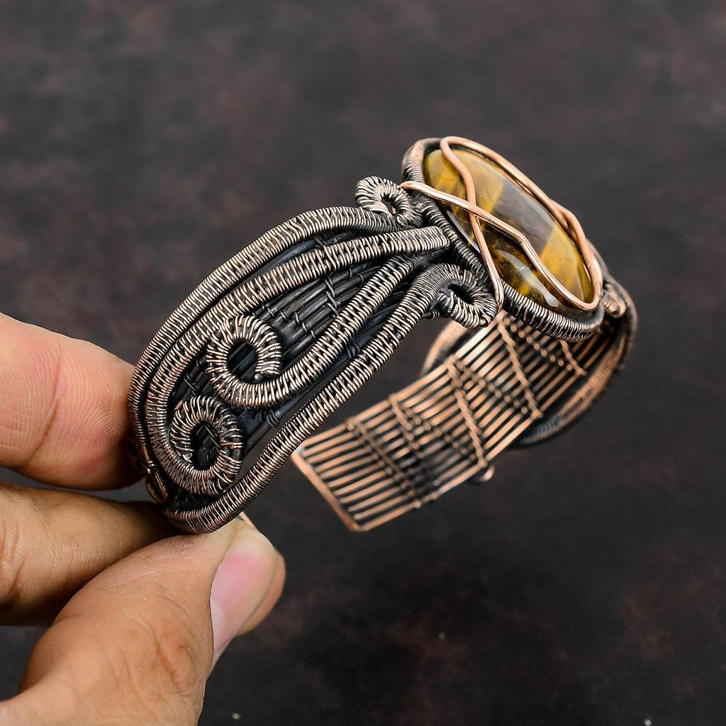 Браслет-манжета с тигровым глазом, браслет-манжета с драгоценным камнем, браслет из медной проволоки, регулируемый браслет-манжета, браслет ручной работы, свадебный подарок, медные украшения