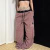 Womens Striped Casual Pants American Retro Style Loose Wide Leg Embroidered All-match Trousers Couple