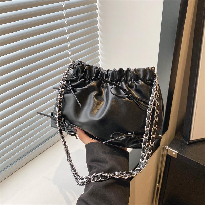 Trendy Ruched Faux Leather Bucket Bag for Women, Fashion Chain Shoulder Crossbody Hobo Purse, Casual Chic Handbag