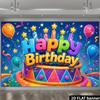 2D Flat Banner, Multicolored Birthday Cake Backdrop, Colorful Happy Birthday Text, Multicolor Balloons, Yellow Stars, Confetti, Polyester