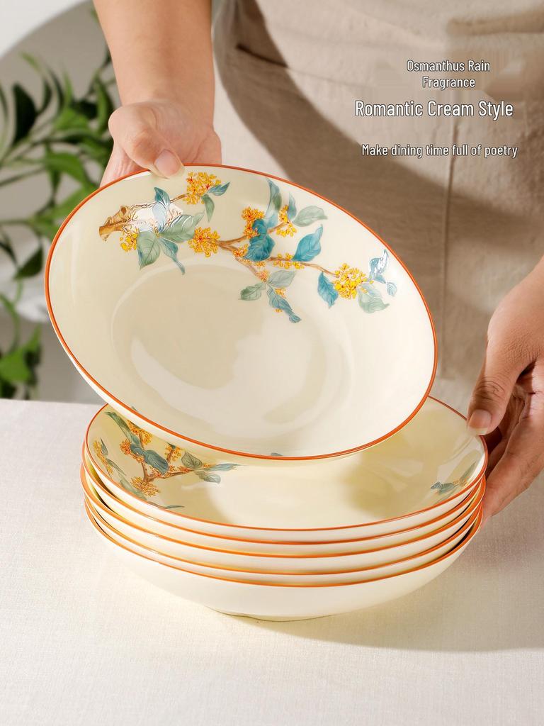 Керамическая обеденная тарелка «Золотая осень и османтус» - Глубокая суповая и круглая тарелка в китайском стиле Коллекция 2025