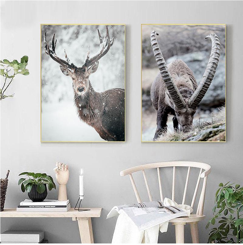 Скандинавский постер и принт, зимний природный пейзаж, холст, картина, пиво, олень, животное, настенная картина, скандинавский стиль, домашний декор, без рамки
