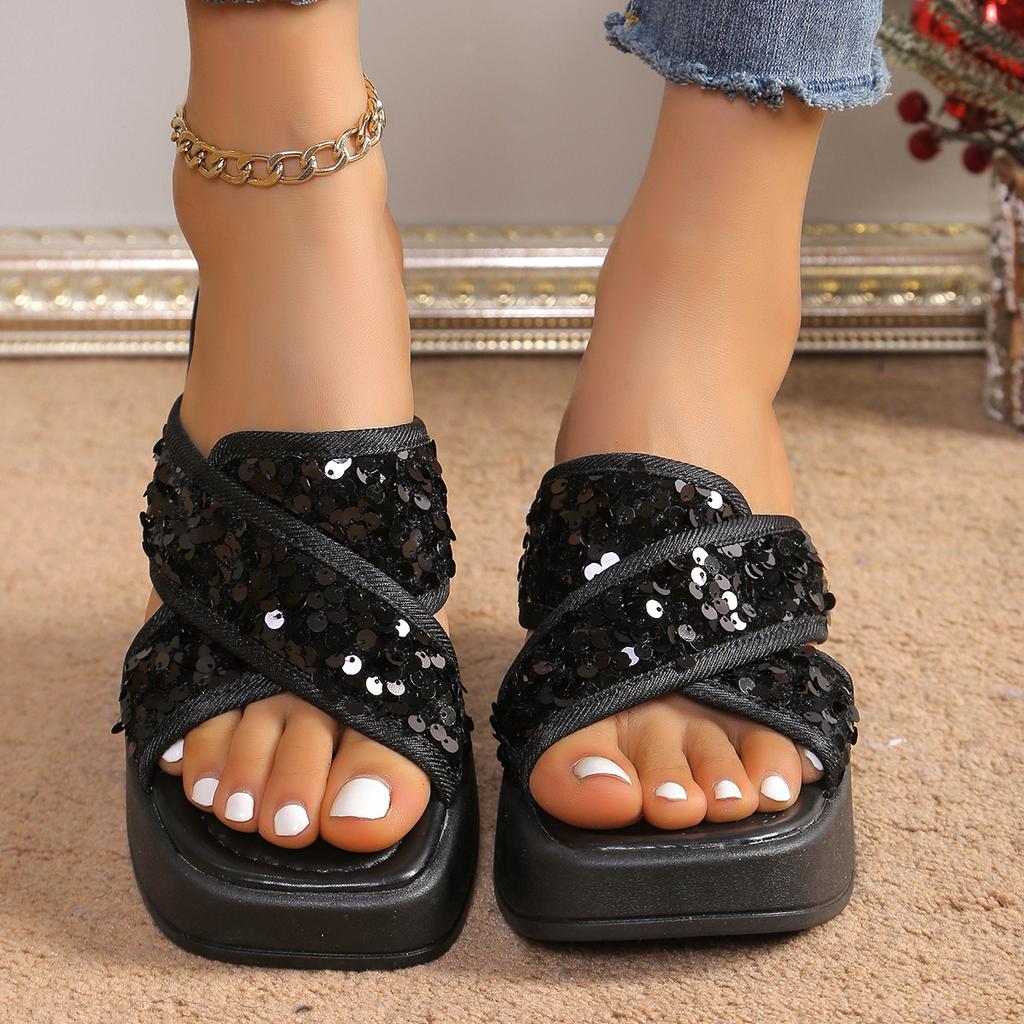 Fashion Women Elegant Wedge Sandals Summer Pumps Platform Sandal Roman Crystal Peep Toe Sandal Ladies Glistening Slippers Plus Size 42