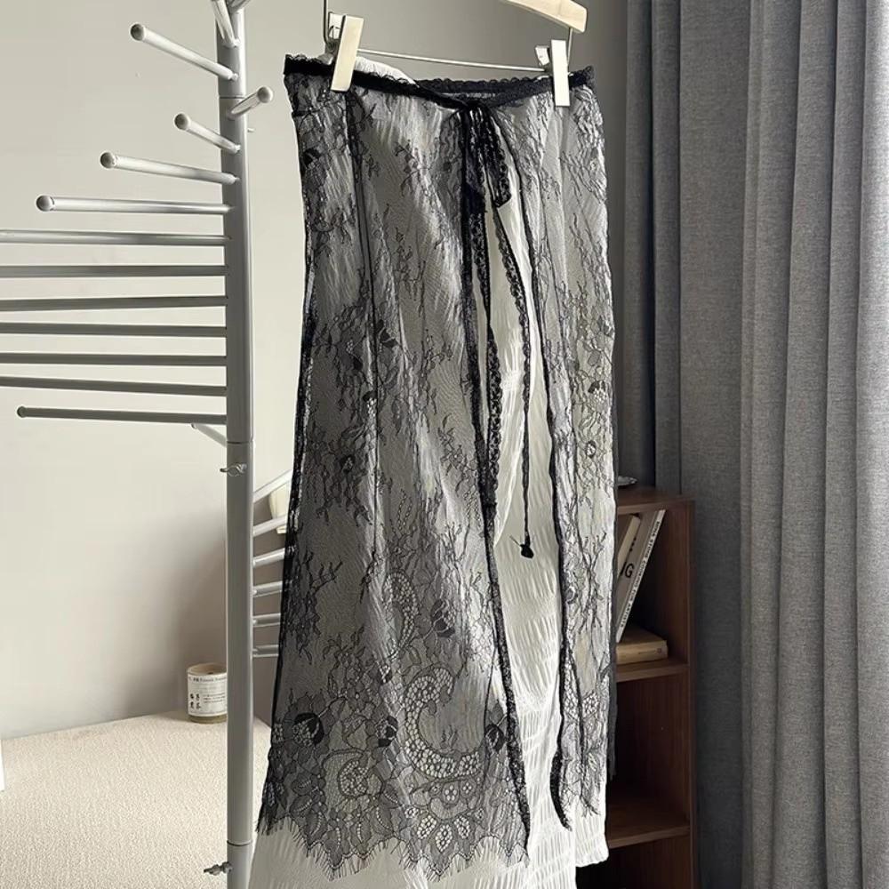 Mesh Lace-up Midi Dress Transparent Lace Underskirt Slips Apron Long Skirt Lace Petticoat Girls