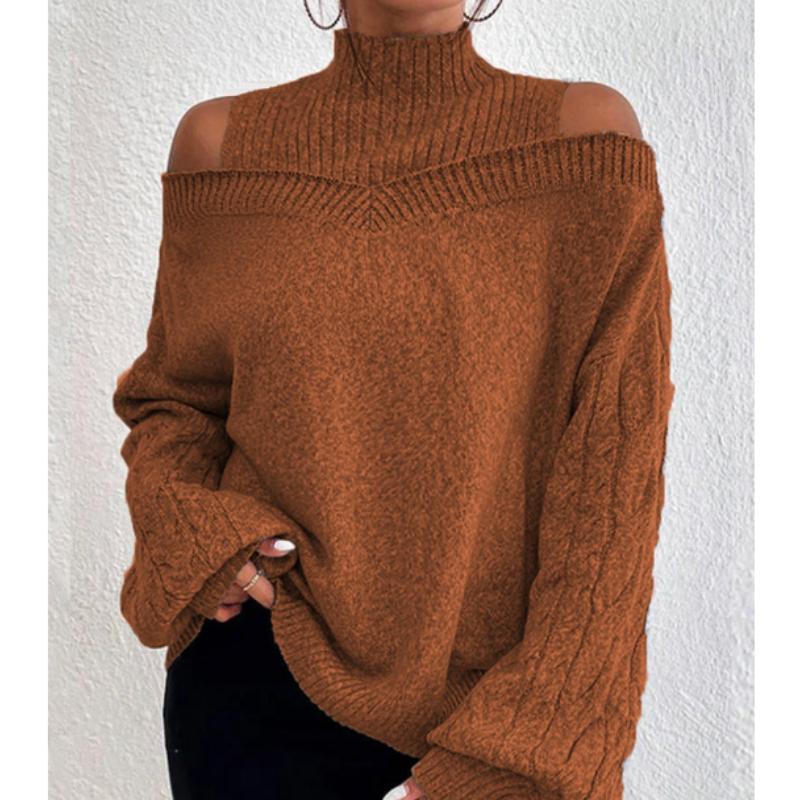 Женский свободный зимний свитер с открытыми плечами и полувысоким воротником Вязаный свитер женский