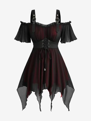 Rosegal Plus Size Оборки Люверсы Шнуровка Сетка Асимметричная Пряжка Блузка Открытые Плечи