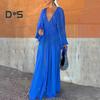Women Evening Dress Deep V Neck Pleated Long Sleeves Solid Color High Waist Vacation Beach Party Maxi Dress Prom Long Dress