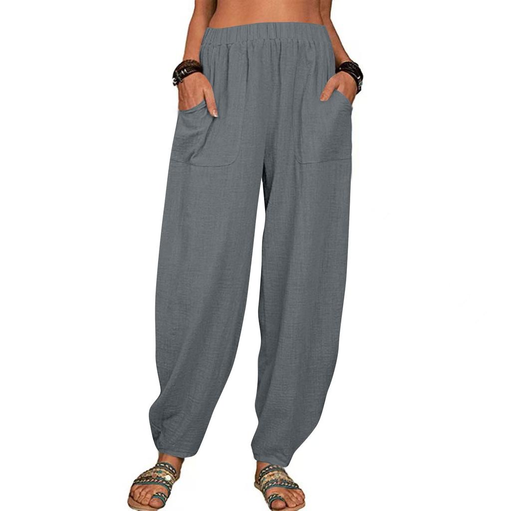 Женские летние брюки без застежки, повседневные свободные хлопковые и льняные однотонные пляжные брюки с высокой талией, зауженные брюки с карманами