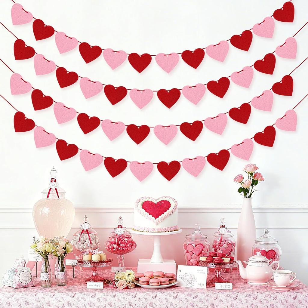 4 Pack Felt Heart Garland Banner, No DIY Valentine's Day Decorations Red Pink Hearts Hanging Banner 9.8ft Galentines Day Heart Felt Decor for Wedding
