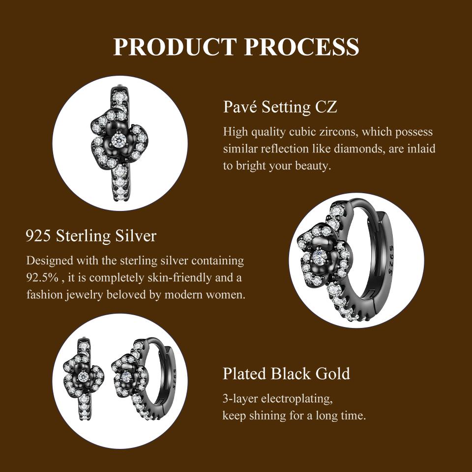WOSTU 925 Sterling Silver Black Rose Hoop Earrings for Women CZ Flower Huggie Earrings Black Gold Gothic Jewelry Halloween Gift
