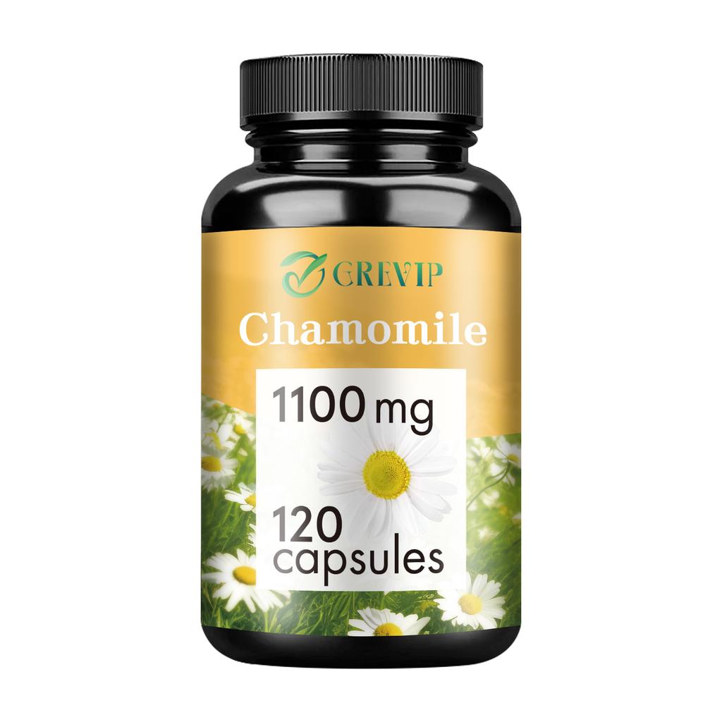 Chamomile extract capsules, natural supplement, 1100 mg per serving, suitable for both men and women.