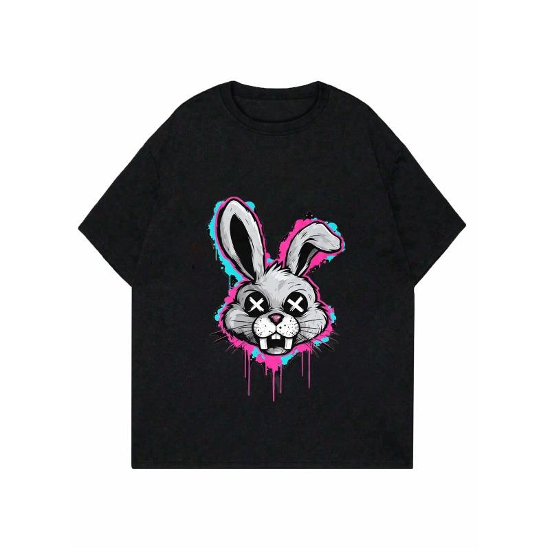 Colorful Graffiti-Style Skull Rabbit Head Printed Black Women's Short-Sleeve T-Shirt