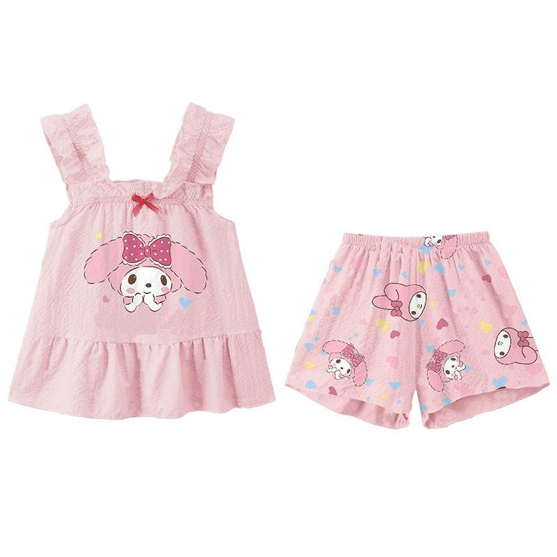 2Pcs Sanrio Hello Kitty Two Piece Pajama Set Sleeveless Vest Shorts Thin Lightweight Summer Girls Baby Homewear Fashionable