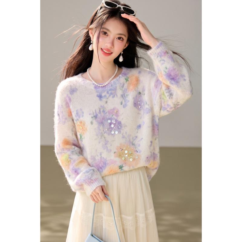Gradient Mohair Sweater with Rainbow Flowers and Round Neck
