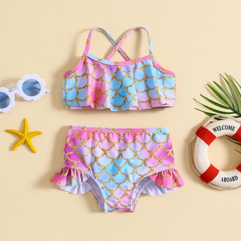 Girls' Fish Scale Print Bikini Swimsuit