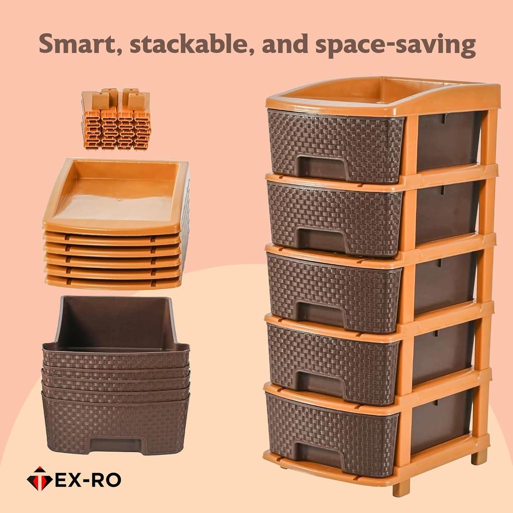 Plastic Modular Drawer Storage Chest Of Drawers Organizer Storage Box, Large Stomo Racks For Multipurpose Anti-slip Shoes Organizers | Brown | 5 Layer