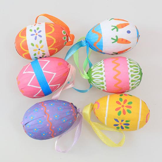 6Pcs Colorful Foam Easter Egg Hanging Decorations with Lanyard Exquisite Patterns Durable Material Simulation Egg Ornaments