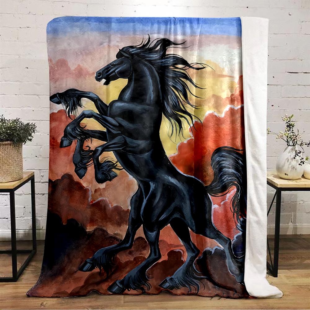Majestic Black Stallion in Fiery Sunset Flannel blanket for bedroom, living room, sofa, and nap sofas.