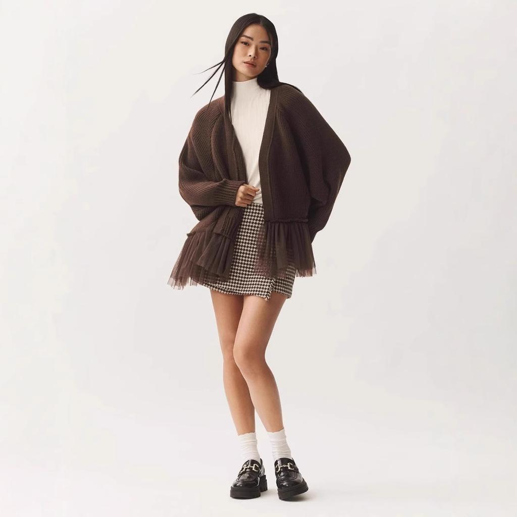 Mint Green Knit Sweater with V-Neck and Layered Tulle Ruffle Hem