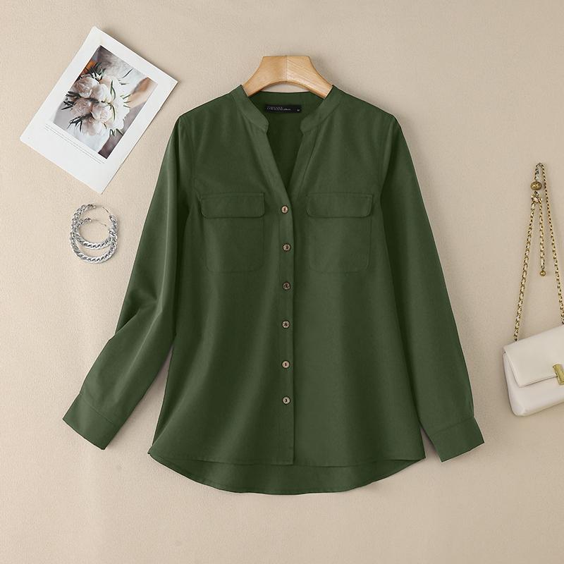 ZANZEA Женская повседневная однотонная блузка с v-образным вырезом и длинным рукавом