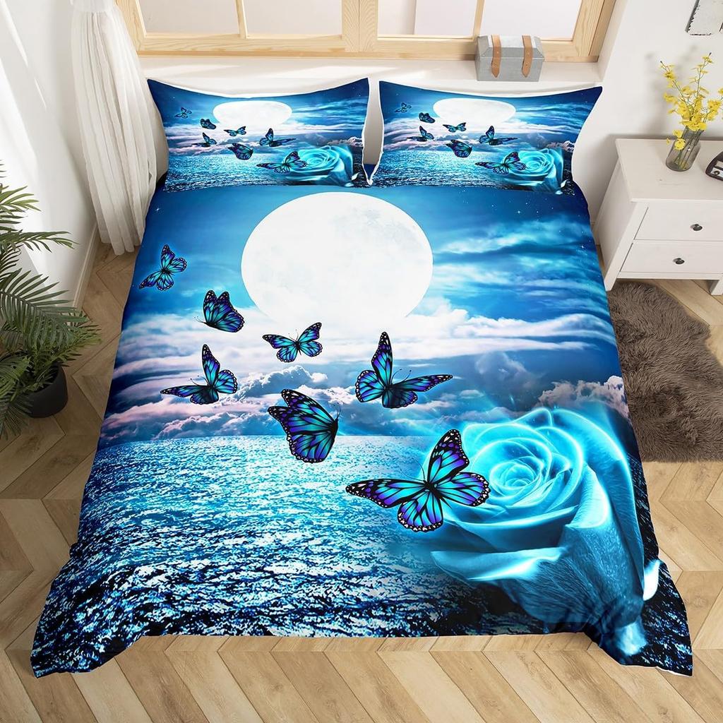 Teal Purple Butterfly Duvet Cover Queen King Size Floral Boho Decor Aesthetic Mandala Bedding Butterfly Print Set 3 Pcs