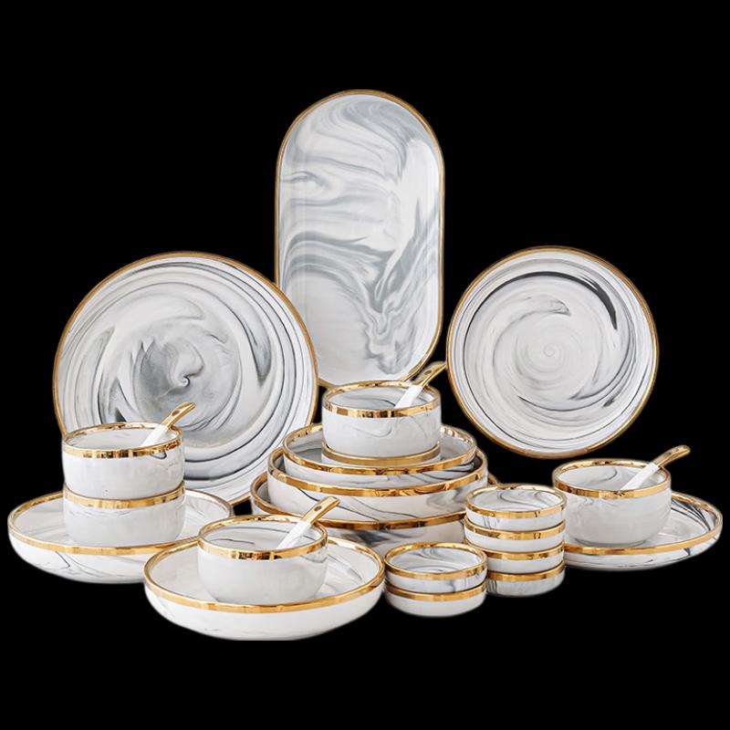 Элегантная melamine посуда с мраморным узором и золотым ободком