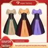 Medieval Retro Contrast Waist Skirt Dress with Puff Sleeves and One Shoulder Design