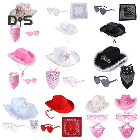 3 шт./компл. ковбойская шляпа, женская розовая фетровая шляпа в стиле вестерн, ковбойская шляпа с банданой, очки, аксессуары, головной убор