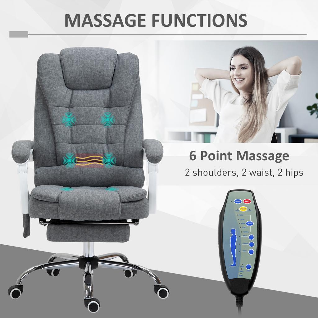 Office Chair with 6 Point Massage and Back Heat, Linen Desk Chair with Footrest Adjustable Height and Swivel Wheels, Back Reclining, Grey