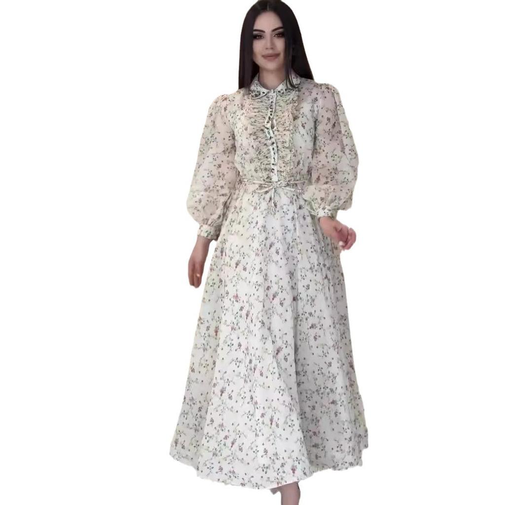 2024 Осень Женская Мода Платье с Цветочным Лацканом и Пышными Рукавами