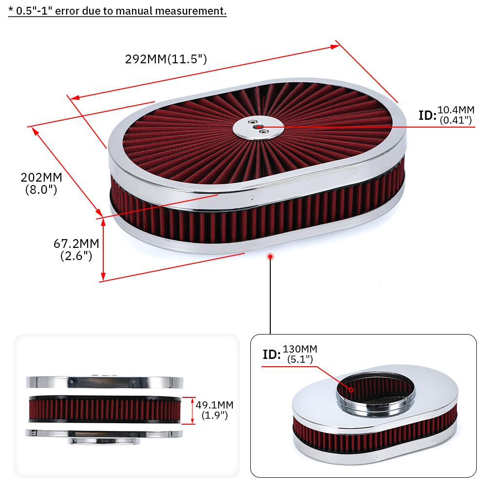 12"x2" Oval Air Cleaner Filter Assembly 5-1/8" Carb Neck w/ Flow-Thru Lid High Flow Chrome for GMC Chevy Ford Chryler Dodge