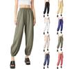 Women Casual Cotton And Linen Solid Elastic Waist Long Straight Pants