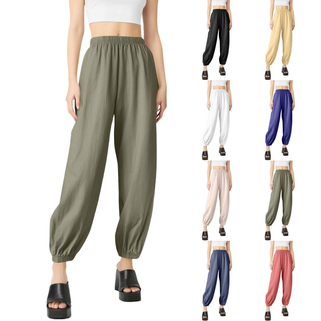 Women Casual Cotton And Linen Solid Elastic Waist Long Straight Pants