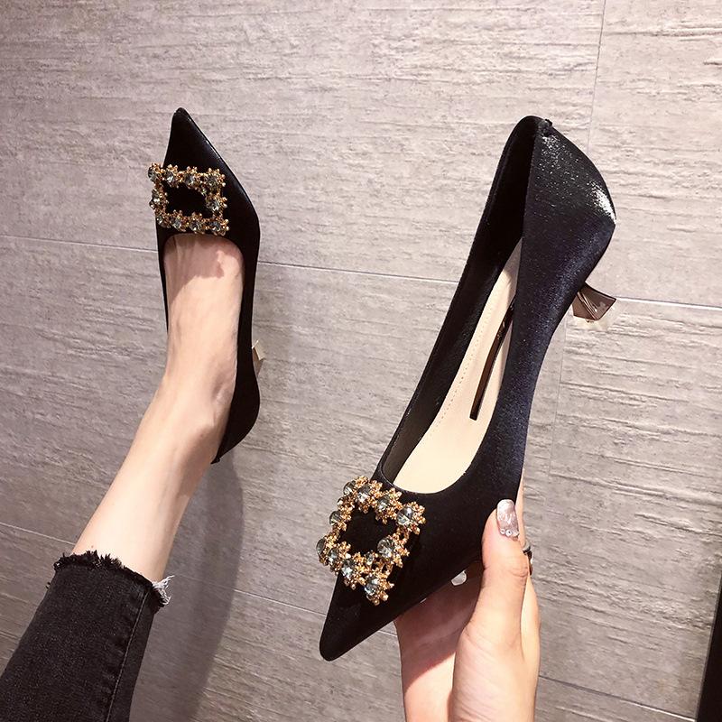 Fashion Black High-heeled Shoes Professional Women Pointed Medium Thin Heel 5cm Rhinestone Single Shoes Summer Versatile Wedding Shoes