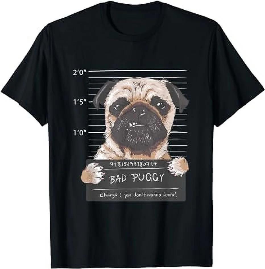 Bad Puggy Mugshot Funny Dog Graphic TShirt Cotton Short Sleeve Crew Neck Tee