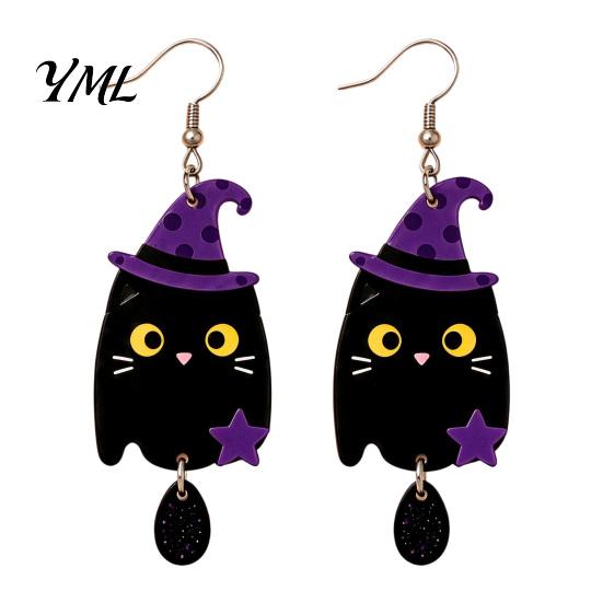 Colorful Patterned Ear Ornaments 1 Pair 2D Acrylic Halloween Dangle Drop Earrings for Women, Stylish Theme Party Accessories Spooky Ghost Cat Pumpkin