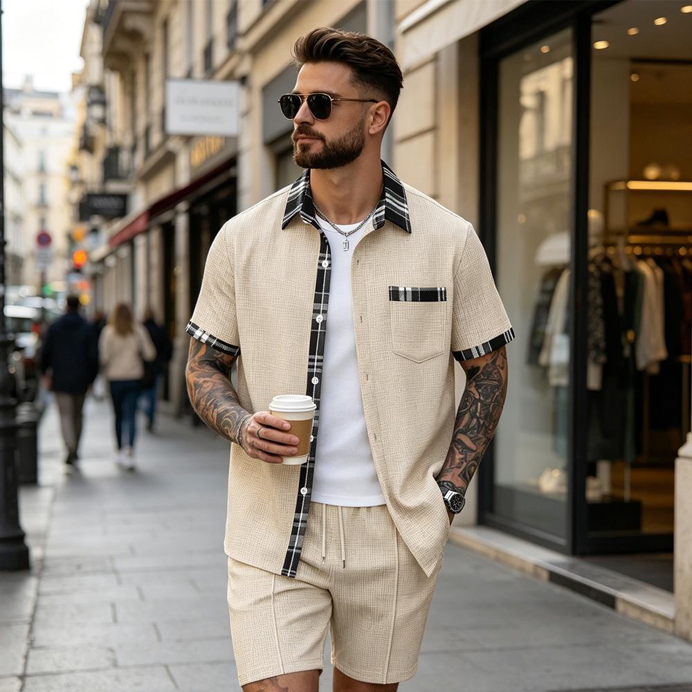 Men S Waffle Plaid Short Sleeve Shirt And Shorts Two Piece Set