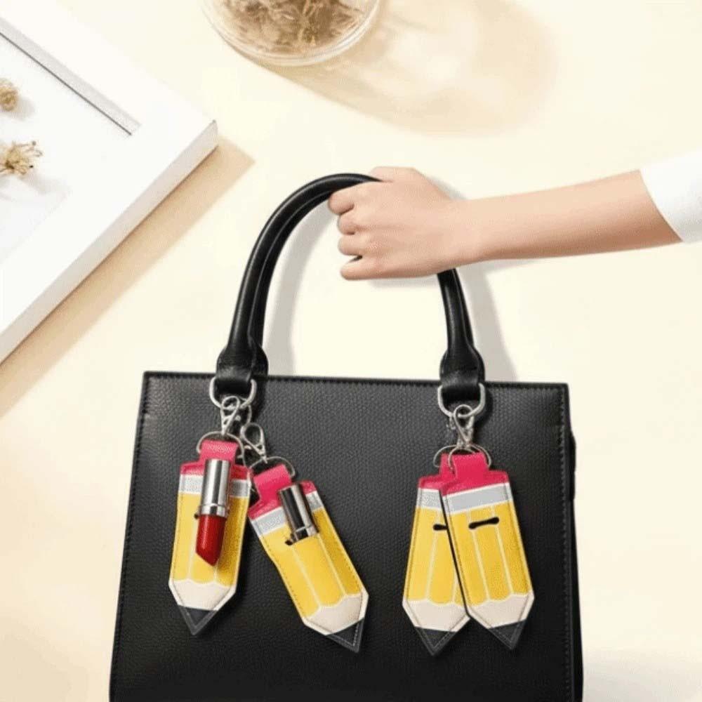 Pencil Shape Chapstick Key Chain Pouch PU Leather Pencil Shape Key Ring Birthday Gifts