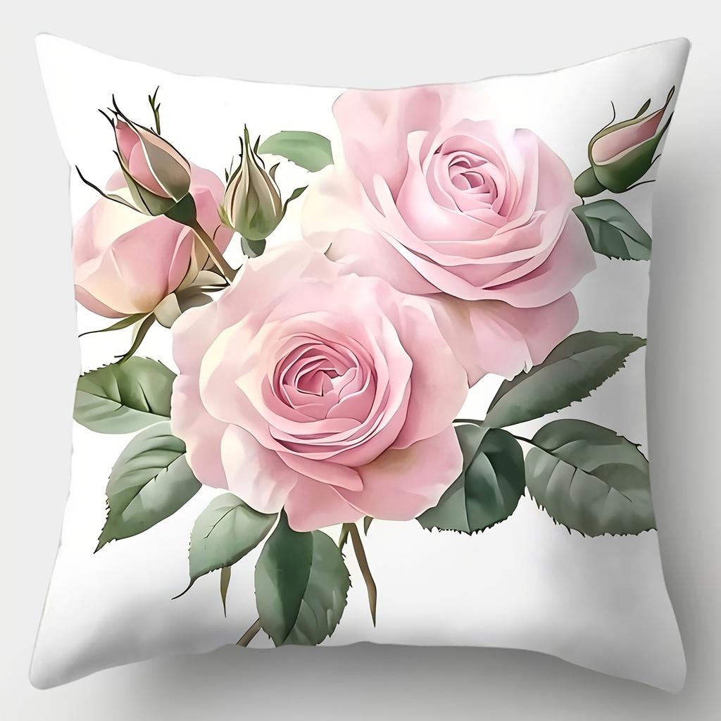 Elegant Pink Rose White Floral Pillow Covers Square Contemporary Living Room Decor for Sofa Accent Pillows