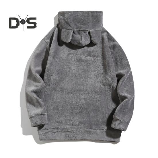 Зимняя мужская толстовка с капюшоном с декором в виде мультяшных ушей, двусторонний бархат с большим передним карманом, свободный длинный рукав, термотоп с эластичными манжетами, повседневная, на каждый день