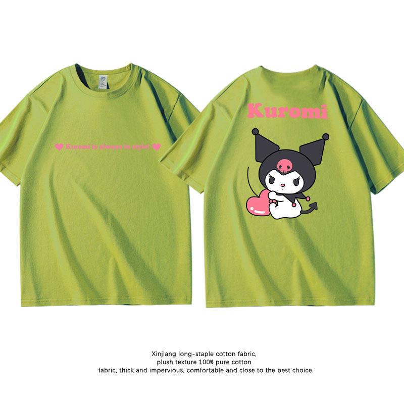 Summer Pure Cotton Kuromi Childrens Tshirt Fashionable Doublesided Cartoon Printed Parentchild Outfit Round Neck Top