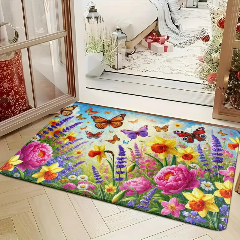 Colorful Peony Daffodil Lavender Butterfly Wildflower Art Print Anti Slip Entrance Doormat Entryway Decor Floor Mat