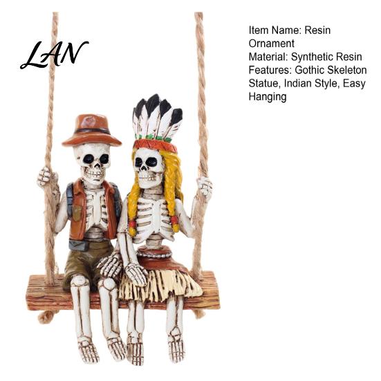 Unique Holiday Gift for Friends Swing Couple Skeleton Statue, Man Indian Woman Resin Small Hanging Craft Figurine, Halloween Ornament Indoor