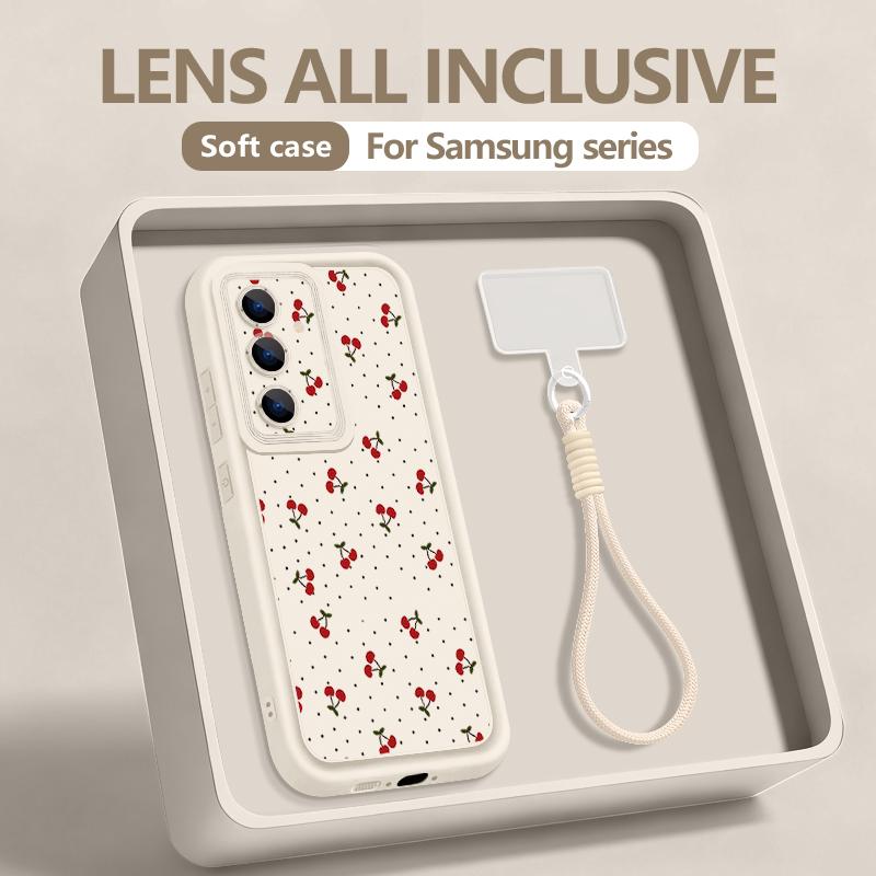 Чехол-брелок с узором «Маленькая вишня» для Samsung Galaxy S25 S24 FE S26 S24 S23 S22 Ultra S23 Plus S25 Edge Мягкий ремешок