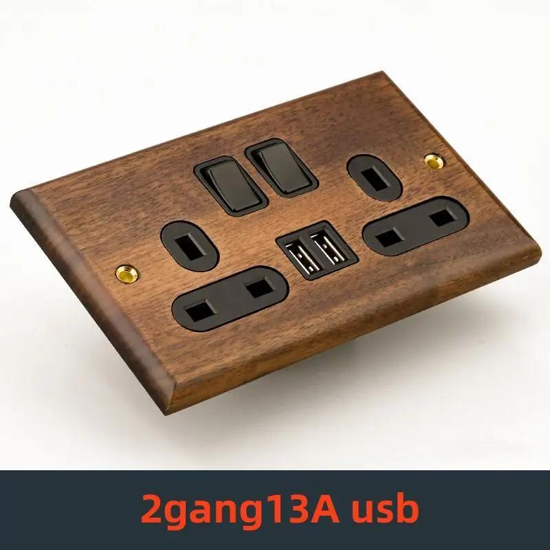Retro Uk 13A Wall 2gang2way Light Switch,antique Villa High Power USB C Fast Charging Solid Wood Socket,home Speed Dimming Panel