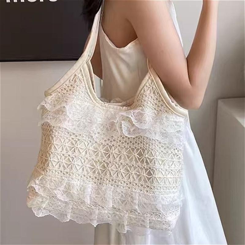 Lace Flowers Women Shoulder Bag Thin Polyester Ladies Shopping Handbags Solid Color Girs Book Bags Casual Female Travel Tote